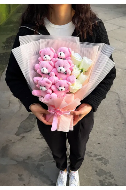 lenostra Ayicik-Buket37 Sevgiliye Hediye Pembe Ayıcıklı Beyaz Güllü Premium Ayıcık Buketi Peluş Buket 14 Şubat