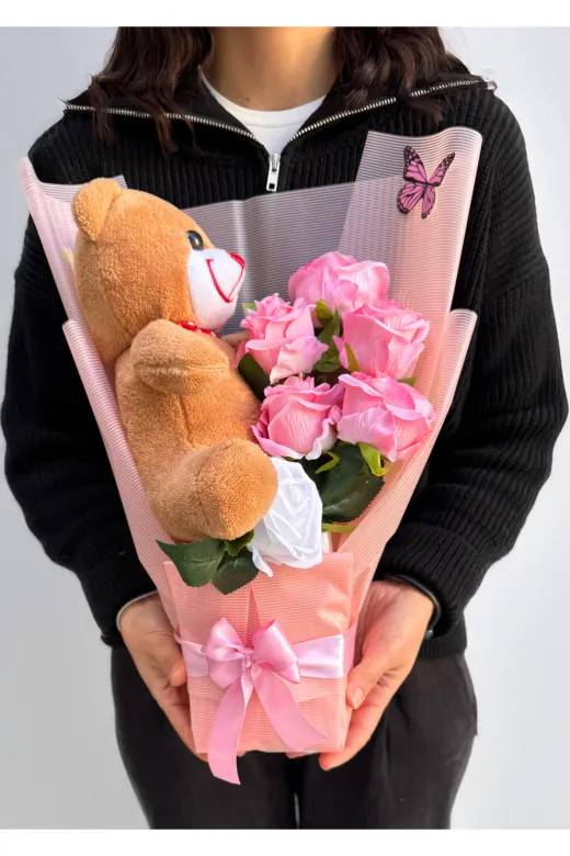 lenostra Ayicik-Buket43 Sevgiliye Yapay Çiçek Buketi 25Cm Kahverengi Ayıcıklı Peluş Buket Çiçek Buketi Sevgiliye Çiçek Kız