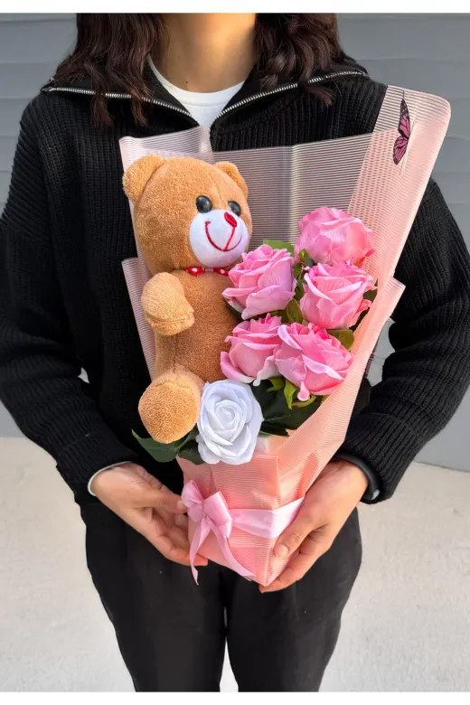 lenostra Ayicik-Buket43 Sevgiliye Yapay Çiçek Buketi 25Cm Kahverengi Ayıcıklı Peluş Buket Çiçek Buketi Sevgiliye Çiçek Kız