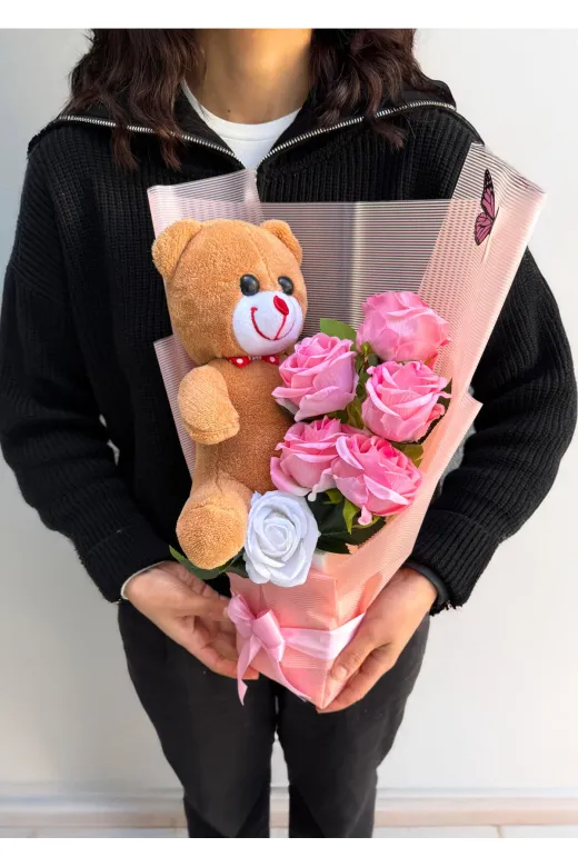 lenostra Ayicik-Buket43 Sevgiliye Yapay Çiçek Buketi 25Cm Kahverengi Ayıcıklı Peluş Buket Çiçek Buketi Sevgiliye Çiçek Kız