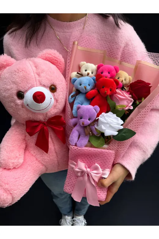 lenostra Ayicik-Buket69 35Cm Pembe Ayıcık Ve Güllü Renkli Ayıcıklı Peluş Buket Anneye Hediye Sevgiliye Hediye Kız Kardeşe