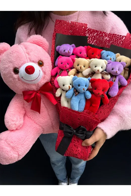 lenostra Ayicik-Buket70 Sevgiliye Premium Hediye 12 Adet Rengarenk Ayıcıklı Ayıcık Buketi Ve 35Cm Pembe Ayıcık Öğretmene