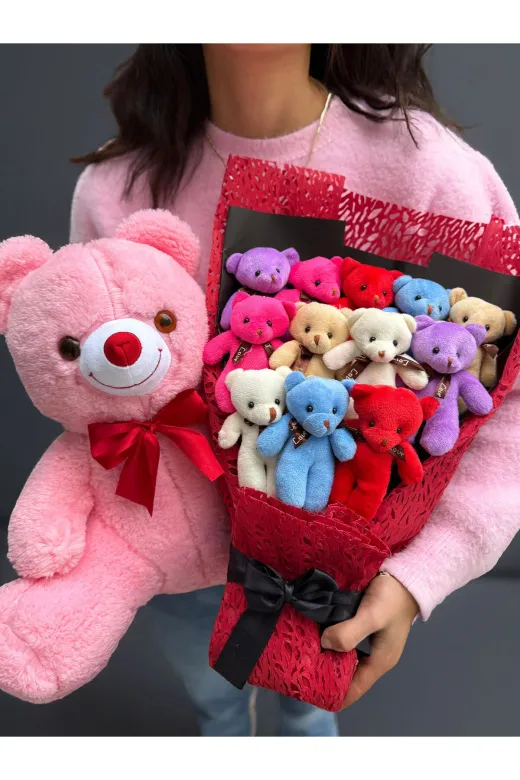 lenostra Ayicik-Buket70 Sevgiliye Premium Hediye 12 Adet Rengarenk Ayıcıklı Ayıcık Buketi Ve 35Cm Pembe Ayıcık Öğretmene