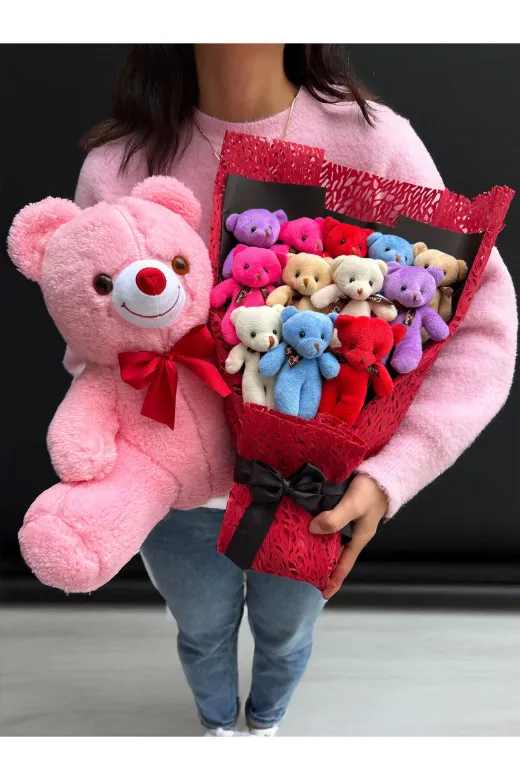 lenostra Ayicik-Buket70 Sevgiliye Premium Hediye 12 Adet Rengarenk Ayıcıklı Ayıcık Buketi Ve 35Cm Pembe Ayıcık Öğretmene
