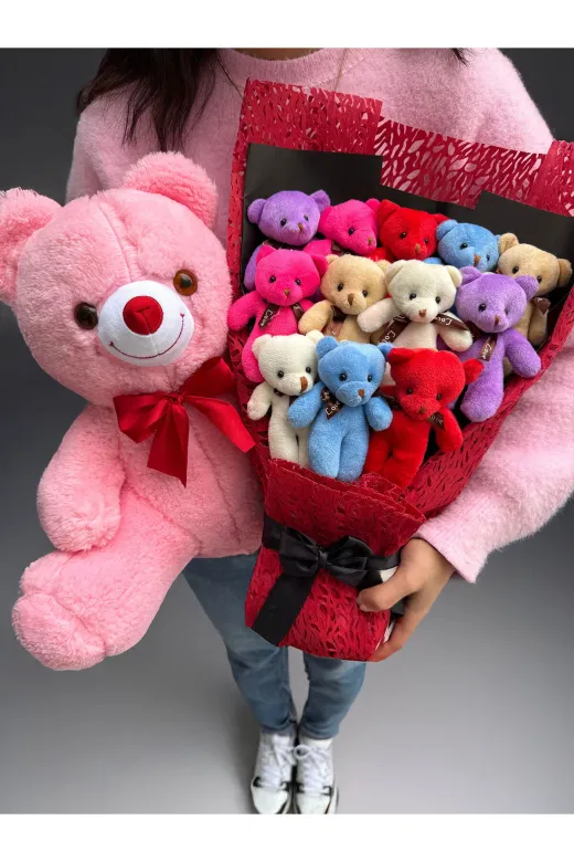lenostra Ayicik-Buket70 Sevgiliye Premium Hediye 12 Adet Rengarenk Ayıcıklı Ayıcık Buketi Ve 35Cm Pembe Ayıcık Öğretmene