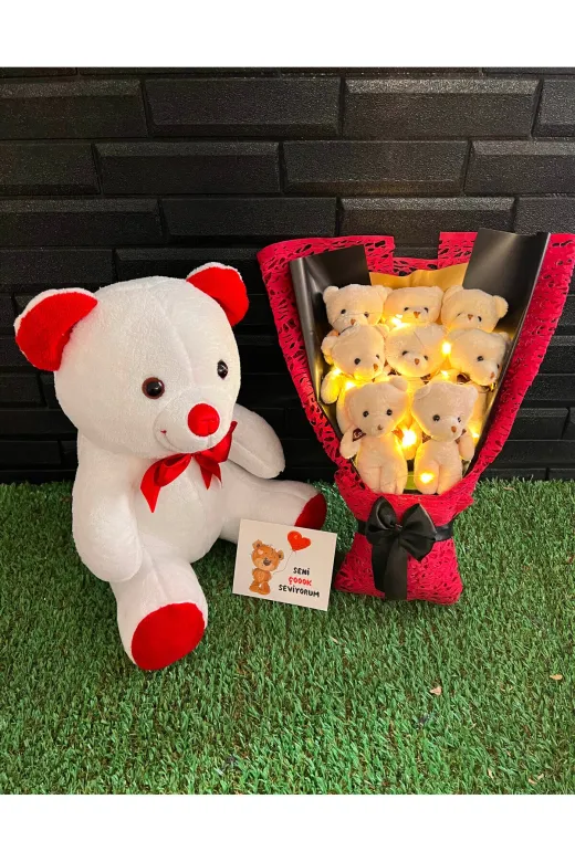 lenostra Ayicik-Buketi106 Sevgiliye Romantik Hediye 35Cm Ayıcık Ve 8 Ayıcıklı Işıklı Ayıcık Buketi
