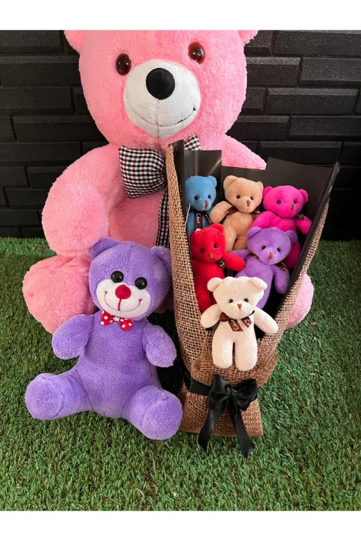 lenostra Ayicik-Buketi136 Hediye Sevgiliye 55Cm Pembe Ayıcık - Rengarenk Ayıcık Buketi - 25Cm Mor Ayıcık