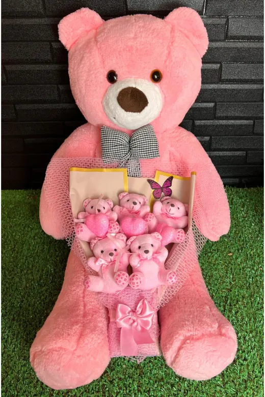 lenostra Ayicik-Buketi139 Kiz Arkadasa Hediye Kelebek Süslemeli Kalpli Ayıcık Buketi Ve 80Cm Pembe Ayıcık