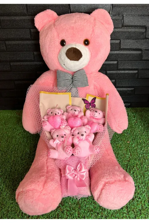 lenostra Ayicik-Buketi139 Kiz Arkadasa Hediye Kelebek Süslemeli Kalpli Ayıcık Buketi Ve 80Cm Pembe Ayıcık