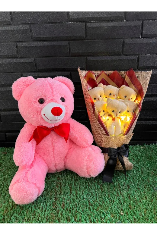 lenostra Ayicik-Buketi33x Sevgiliye Hediye 35Cm Pembe Ayıcık Ve 6Lı Sarı Işıklı Ayıcık Buketi - Öğretmene Hediye - 24 Kasım