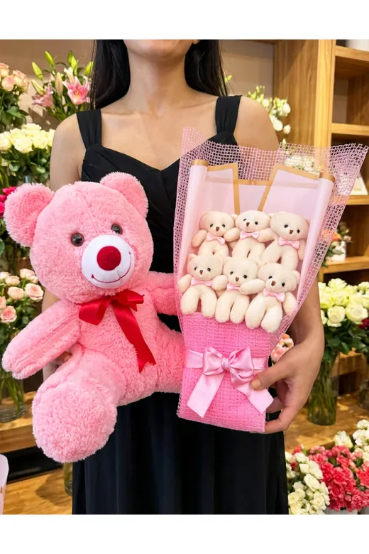 lenostra Ayicik-Buketi44 Sevgiliye Hediye - Kiza Hediye 35Cm Pembe Ayıcık Ve 6Lı Ayıcık Buketi - Dogum Gunu Hediyesi
