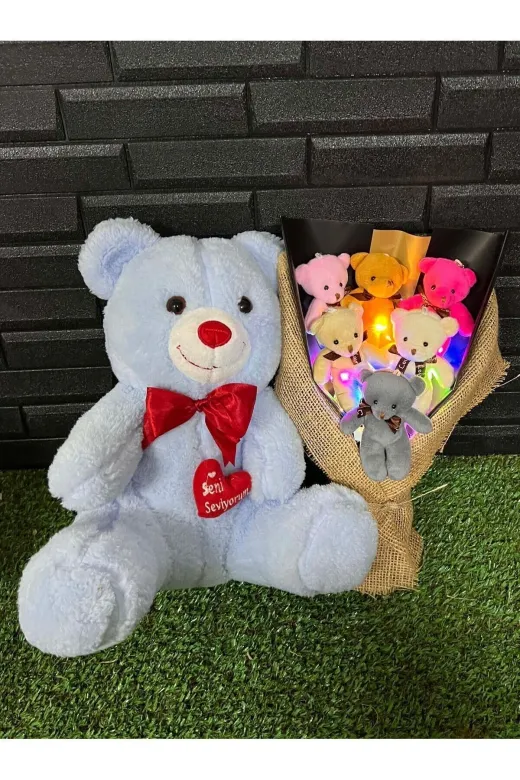 lenostra Ayicik-Buketi75 Sevgiliye Ozel Hediye 35Cm Mavi Ayıcık Ve Rengarenk Işıklı 6Lı Ayıcık Buketi