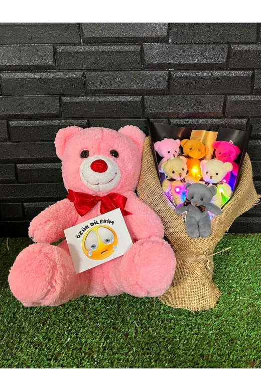 lenostra Ayicik-Buketi78 Ozur Hediyesi 35Cm Pembe Ayıcık Ve Rengarenk Işıklı 6Lı Ayıcık Buketi