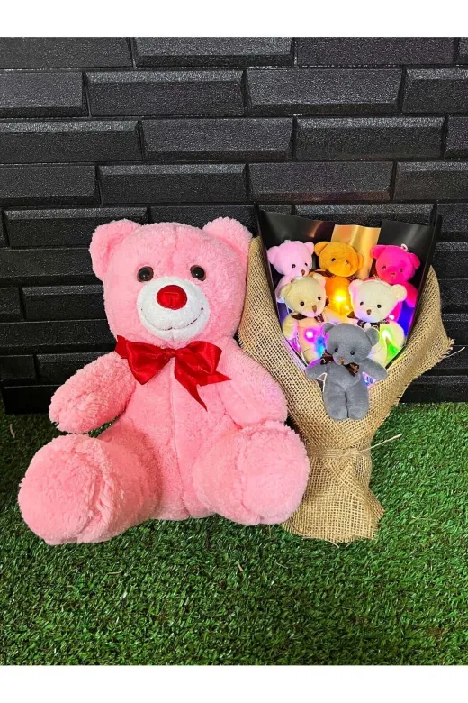 lenostra Ayicik-Buketi79 Kadina Hediye 35Cm Pembe Ayıcık Ve Rengarenk Işıklı 6Lı Ayıcık Buketi