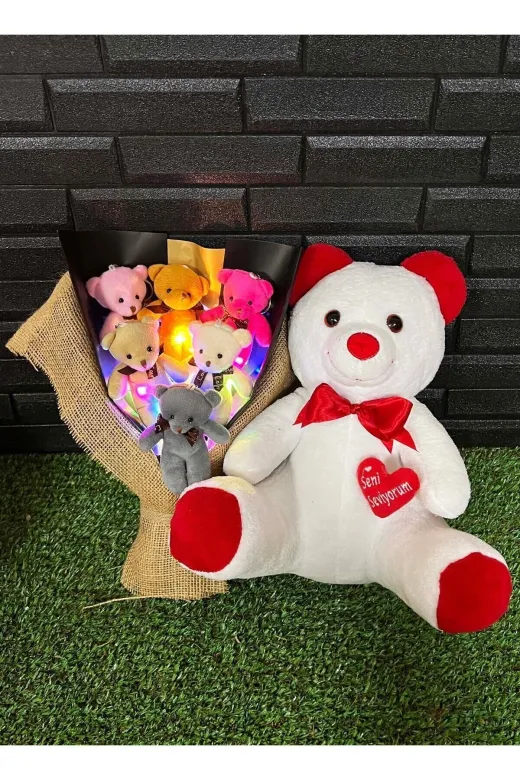 lenostra Ayicik-Buketi81 Hediye Sevgiliye Romantik 35Cm Kalpli Beyaz Ayıcık Ve Rengarenk Işıklı 6Lı Ayıcık Buketi