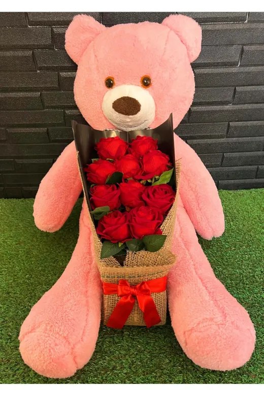lenostra Cicek-Buket20 Sevgiliye Romantik Hediye 80Cm Pembe Ayıcık Ve Kadife Gül Buketi - Cicek Hediye - Sevgiliye Alınacak
