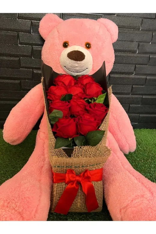 lenostra Cicek-Buket20 Sevgiliye Romantik Hediye 80Cm Pembe Ayıcık Ve Kadife Gül Buketi - Cicek Hediye - Sevgiliye Alınacak