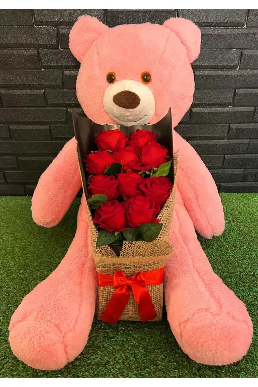 lenostra Cicek-Buket20 Sevgiliye Romantik Hediye 80Cm Pembe Ayıcık Ve Kadife Gül Buketi - Cicek Hediye - Sevgiliye Alınacak