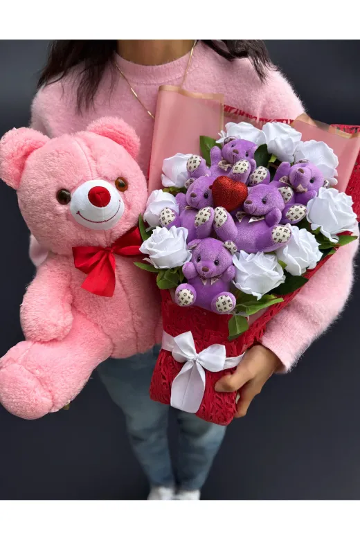 lenostra Cicek-Buket43 Sevgiliye Cicek Ve Ayıcık Temalı Hediye Beyaz Güllü Ayıcık Buketi Ve 35Cm Pembe Ayıcık