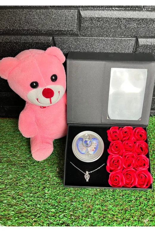 lenostra Hediye-Sevgiliye-Ozel32 Sevgiliye Hediye 25Cm Pembe Ayıcık Ve İstiridye İçinde İnci Kolyeli Güllü Kutu