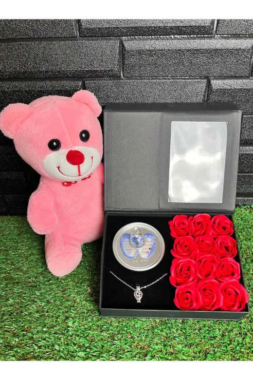 lenostra Hediye-Sevgiliye-Ozel32 Sevgiliye Hediye 25Cm Pembe Ayıcık Ve İstiridye İçinde İnci Kolyeli Güllü Kutu