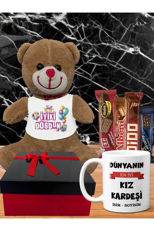 lenostra Kiz-Kardes67 Dogum Gunu Hediyesi Kiz Kardese Kişiye Özel İsimli Kupa Çikolatalar Ve Kahverengi Peluş Ayıcık