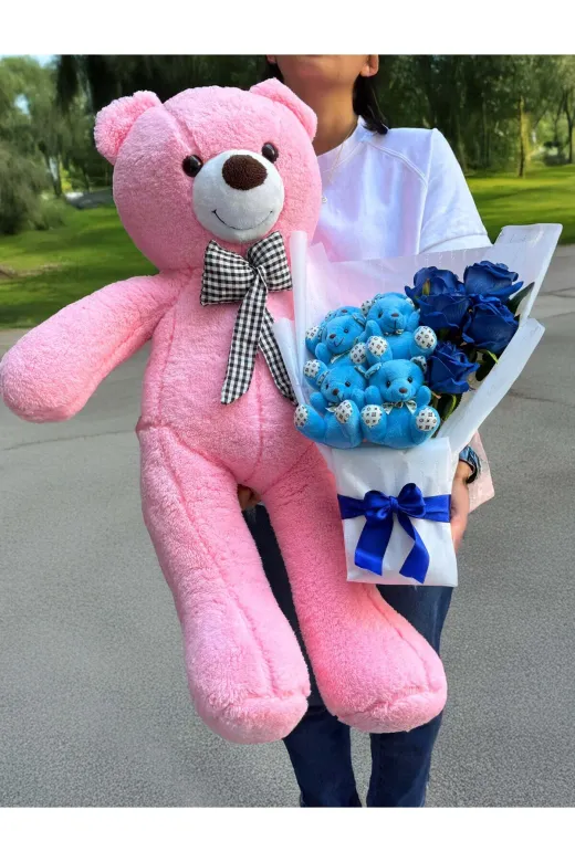lenostra Konsept-Buket2 Kız Arkadaşa Hediyelik Eşya 90Cm Pembe Ayıcık Ve Güllü Ayıcık Buketi - Öğretmen Hediye - Anne Hediye