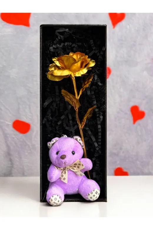 lenostra Set-Hediyelik1 Sevgiliye Romantik Hediye Gold Sonsuzluk Gülü Ve Mor Ayıcık Romantik Hediye Öğretmene