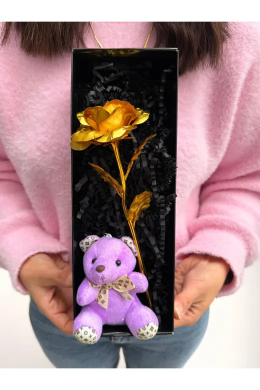 lenostra Set-Hediyelik1 Sevgiliye Romantik Hediye Gold Sonsuzluk Gülü Ve Mor Ayıcık Romantik Hediye Öğretmene