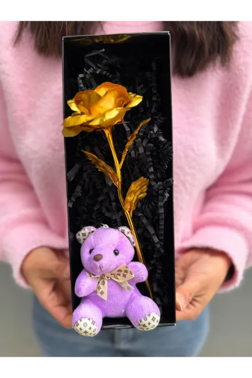 lenostra Set-Hediyelik1 Sevgiliye Romantik Hediye Gold Sonsuzluk Gülü Ve Mor Ayıcık Romantik Hediye Öğretmene