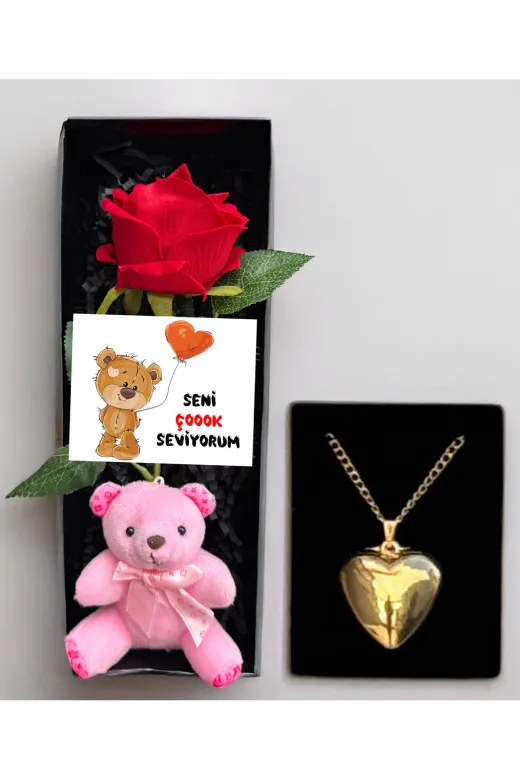 lenostra Set-Hediyelik26 Sevgiliye Hediye Kırmızı Güllü Pembe Ayıcıklı Seni Seviyorum Kutusu Ve Çelik Kalp Kolye Kiz Arkadasa