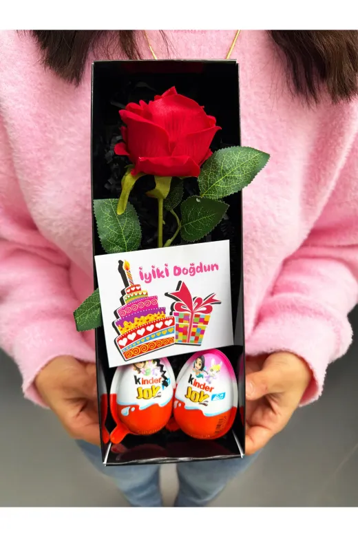 lenostra Set-Hediyelik3 Dogum Gunu Hediye Ese Hediye Sevgiliye Hediye Kiz Arkadasa Kırmızı Gül Ve Kinder Joy Yumurtalar