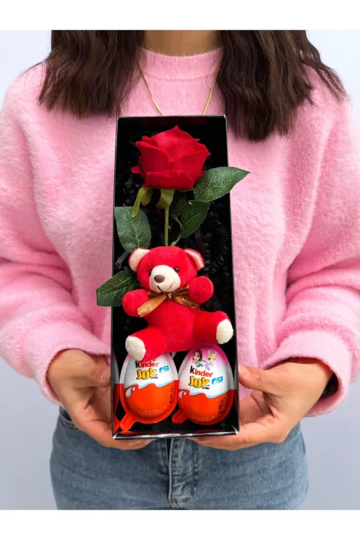 lenostra Set-Hediyelik6 Romantik Hediye Kırmızı Gül Kırmızı Ayıcık Ve Kinder Joy Yumurtalar Öğretmenler Günü
