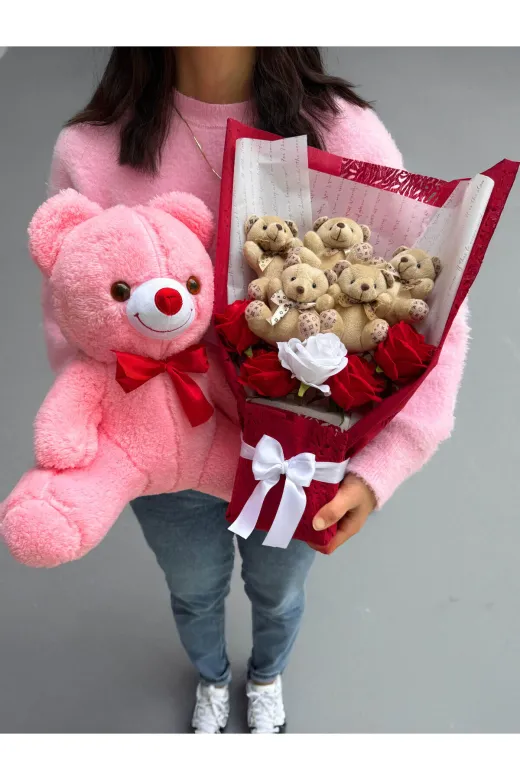 lenostra Sevgili-Buket6 Kiza Hediye 35Cm Pembe Ayıcık Ve Kırmızı Beyaz Güllü Ayıcıklı Çiçek Buketi Peluş Buket Dogum Gunu