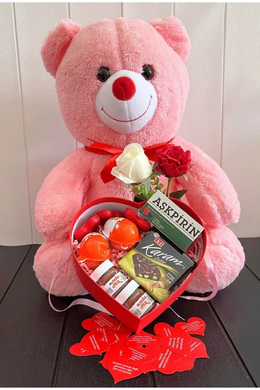 lenostra Sevgiliye-Ozel53 Sevgiliye Romantik Hediye 55Cm Pembe Ayıcık Ve Kalp Kutuda Lezzetler