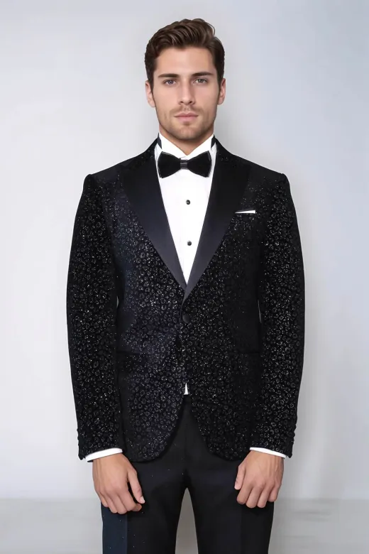 Leopar Desenli Slim Fit Siyah Erkek Smokin Ceket - Wessi