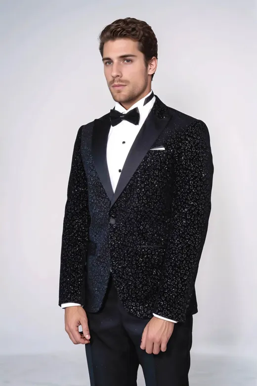 Leopar Desenli Slim Fit Siyah Erkek Smokin Ceket - Wessi
