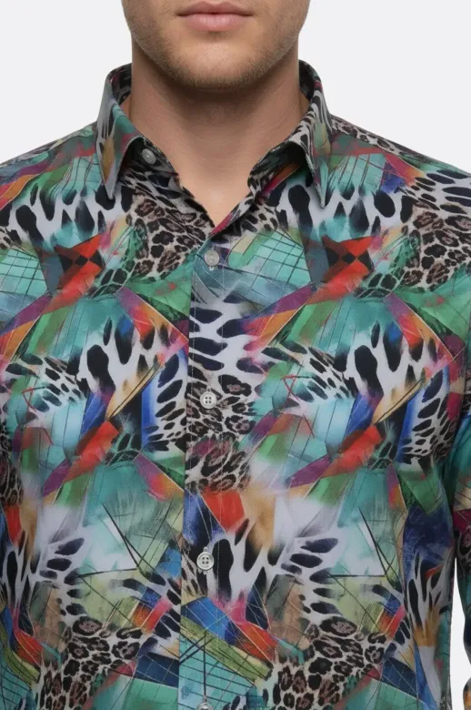 Leopar Desenli Slim Fit Uzun Kollu Çok Renkli Erkek Gömlek - Wessi - XL / Mavi