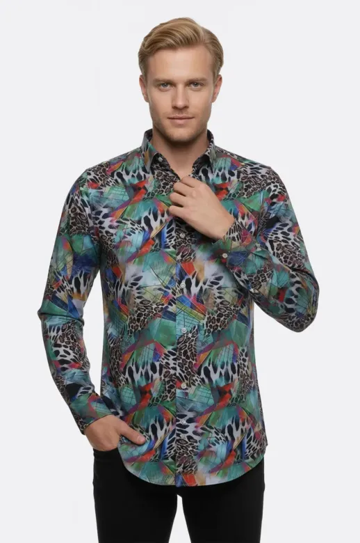 Leopar Desenli Slim Fit Uzun Kollu Çok Renkli Erkek Gömlek - Wessi - M / Mavi