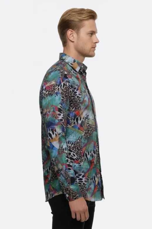 Leopar Desenli Slim Fit Uzun Kollu Çok Renkli Erkek Gömlek - Wessi - XXL / Mavi