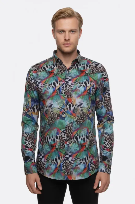 Leopar Desenli Slim Fit Uzun Kollu Çok Renkli Erkek Gömlek - Wessi - L / Mavi