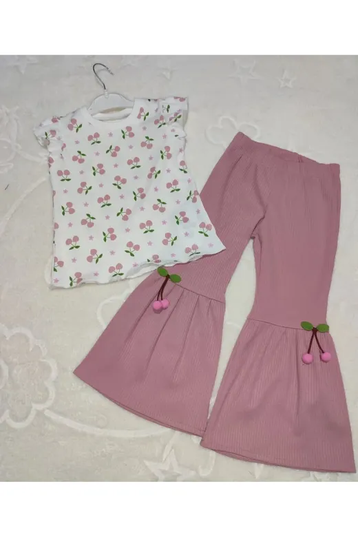 Leylek Baby Babyxml-1A1737-DENİZCİK5113 1-2-3-4 Yaş Kiraz Baskılı Tişört İspanyol Paçalı Likralı 2Li Kız Çuk Takımı Gül Kurusu
