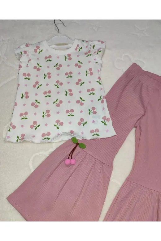 Leylek Baby Babyxml-1A1737-DENİZCİK5113 1-2-3-4 Yaş Kiraz Baskılı Tişört İspanyol Paçalı Likralı 2Li Kız Çuk Takımı Gül Kurusu