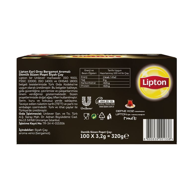 lipton455489 Lipton Earl Grey Demlik Poşet Çay 100'lü 320 G