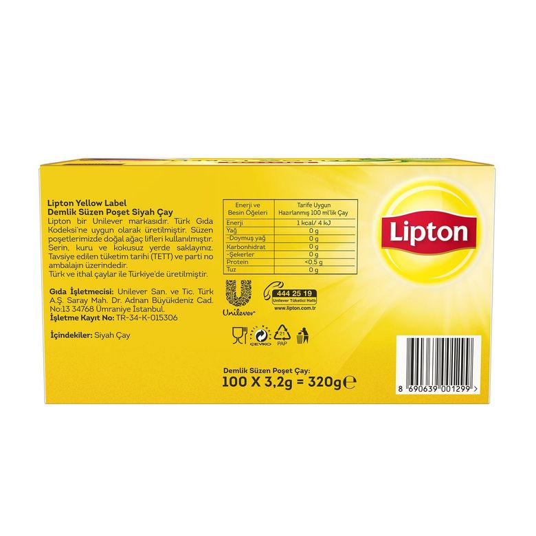 lipton95625 Lipton Yellow Label 100'lü Demlik Poşet Çay