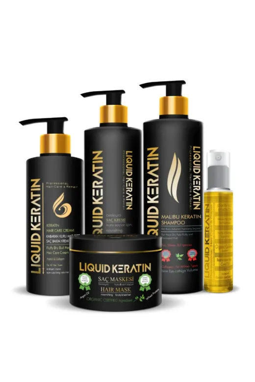 Liquid Keratin #000427 Kabaran Kuru Mat Sert Saçlar Için Keratin Bakım Seti (5'li)