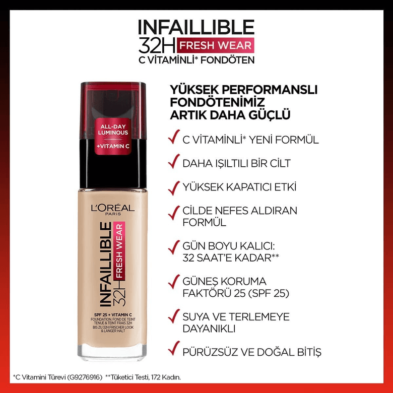 Loreal Paris 161951 L'oreal Paris Infaillible 32H Fresh Wear C Vitaminli 145 Rose Beige Fondöten