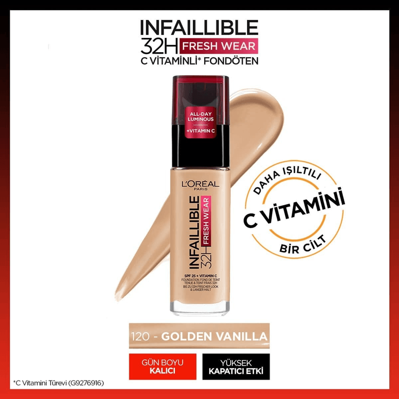 Loreal Paris 161953 L'oreal Paris Infaillible 32H Fresh Wear C Vitaminli Fondöten 120 Golden Vanilla