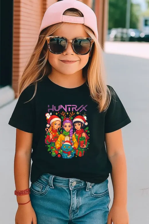 lovver hunx1 Kpop Huntrix Noel Tasarımlı Rumi,zoey,mira %100 Pamuk Nefes Alan Kumaş Siyah Çocuk Tişort