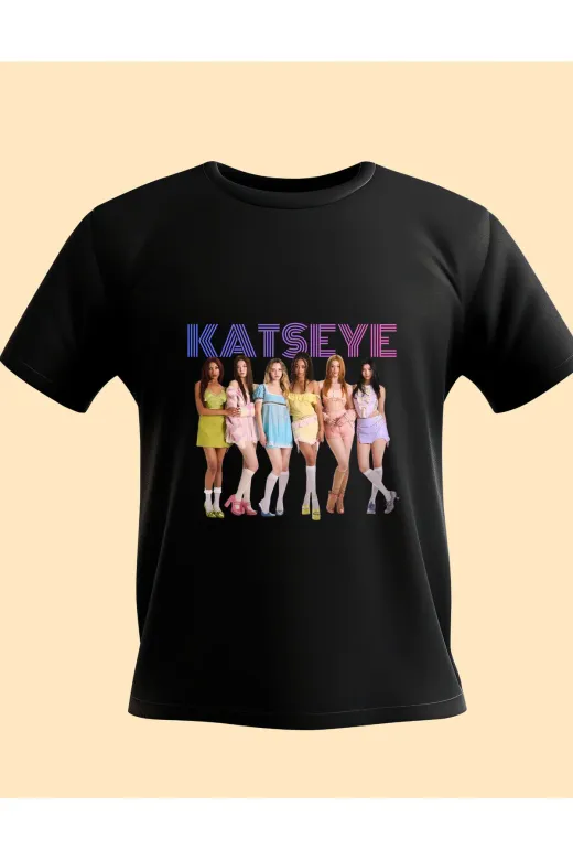 lovver kats2 Katseye Grup Tasarımlı Pamuklu Nefes Alan Kumaş Premium Baskı Tişort